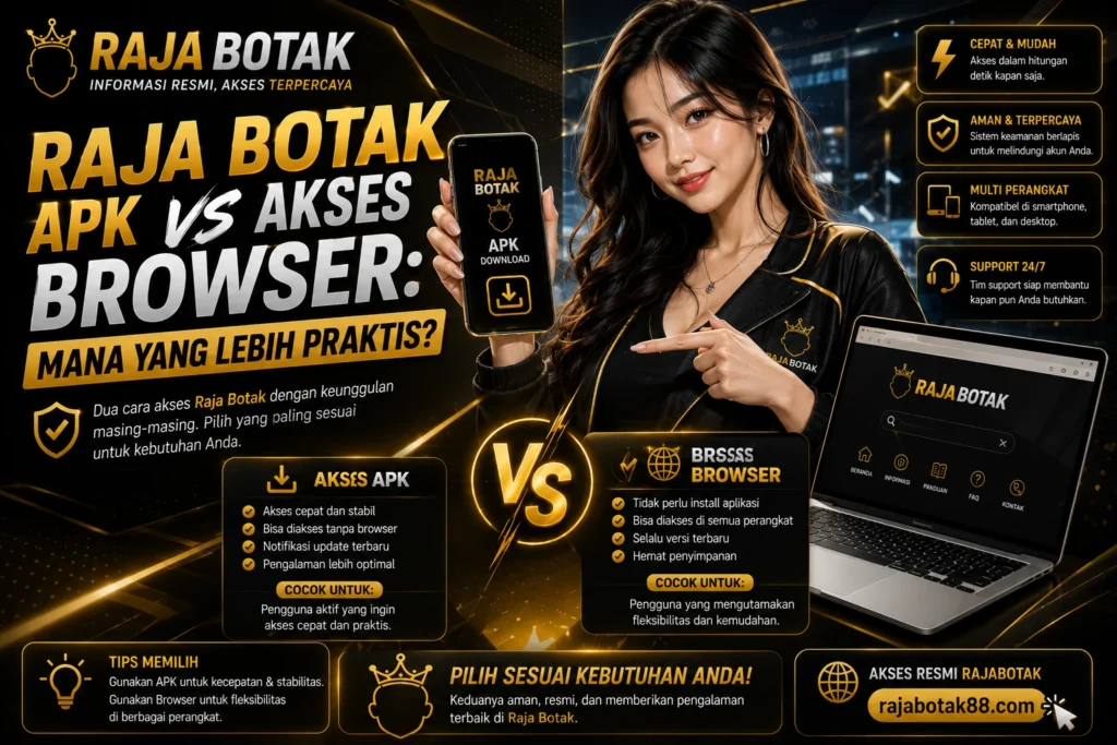 Banner Raja Botak APK vs akses browser untuk panduan memilih jalur akses.