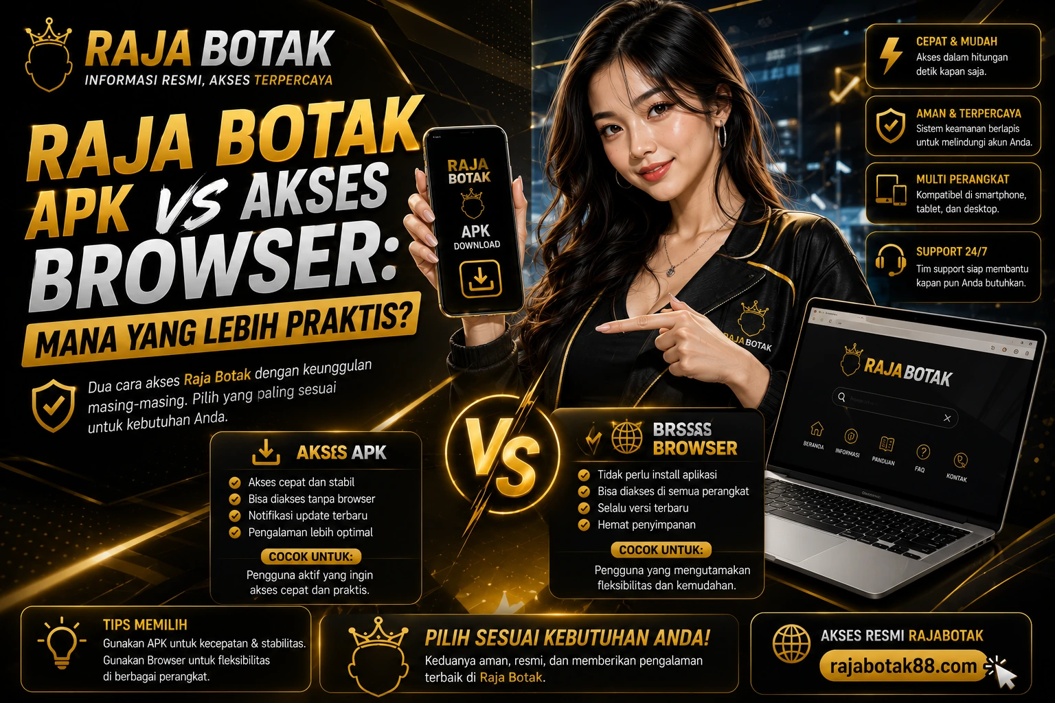 Banner Raja Botak APK vs akses browser untuk panduan memilih jalur akses.