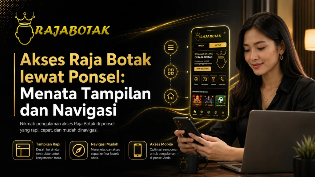 Ilustrasi akses Raja Botak lewat ponsel dengan tampilan dan navigasi yang tertata