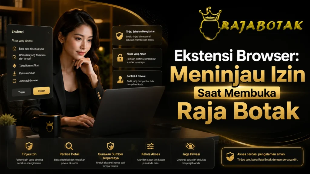 Ilustrasi peninjauan izin ekstensi browser saat membuka halaman Raja Botak