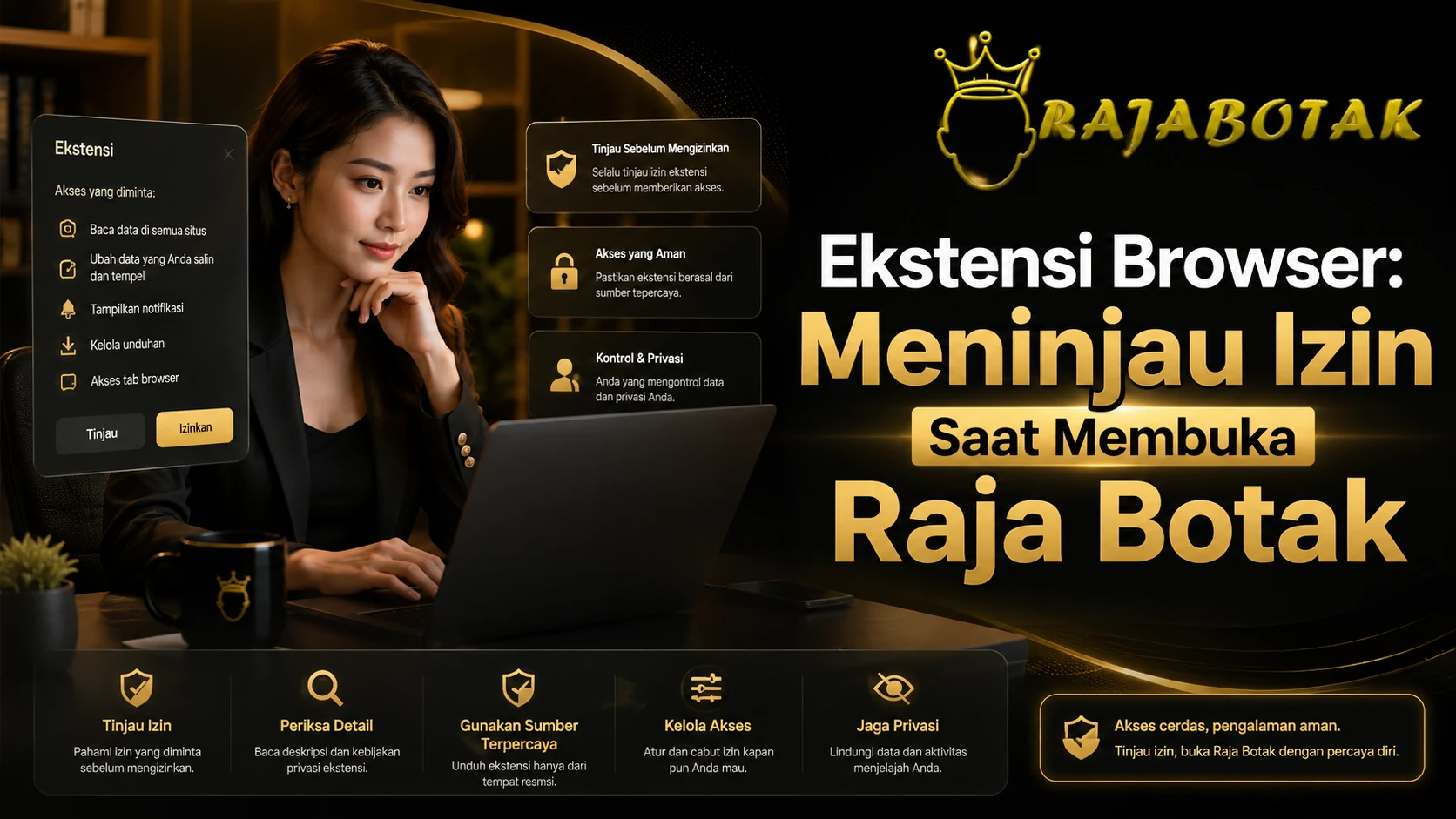 Ilustrasi peninjauan izin ekstensi browser saat membuka halaman Raja Botak