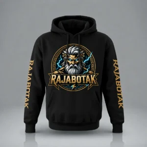 Hoodie hitam Raja Botak dengan desain Zeus untuk koleksi merchandise