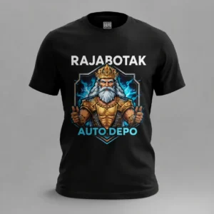 Kaos hitam Raja Botak dengan desain Zeus untuk koleksi merchandise