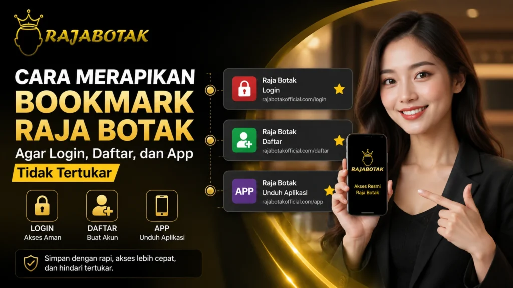 Ilustrasi penataan bookmark Raja Botak untuk memisahkan halaman login, daftar, dan aplikasi