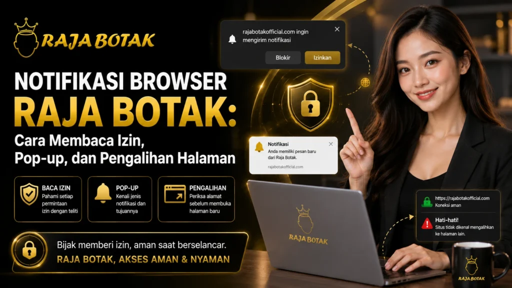 Ilustrasi notifikasi browser Raja Botak yang menampilkan izin, pop-up, dan pengalihan halaman