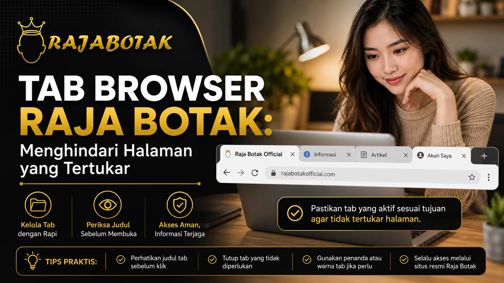 Ilustrasi penataan tab browser Raja Botak agar halaman tidak tertukar