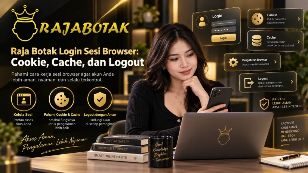 Ilustrasi Raja Botak Login sesi browser tentang cookie, cache, dan logout