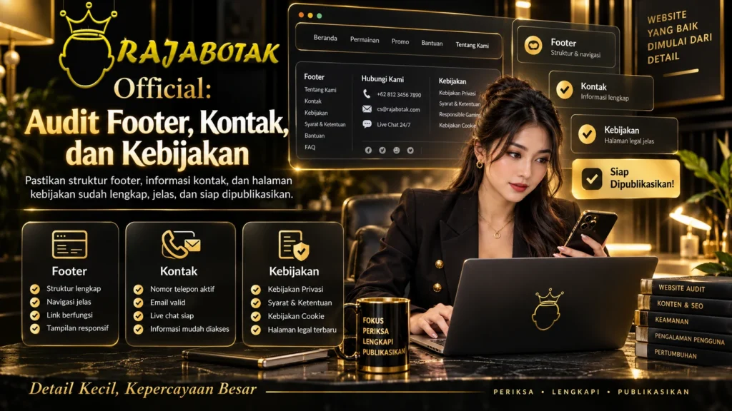 Raja Botak Official audit footer, kontak, dan kebijakan halaman