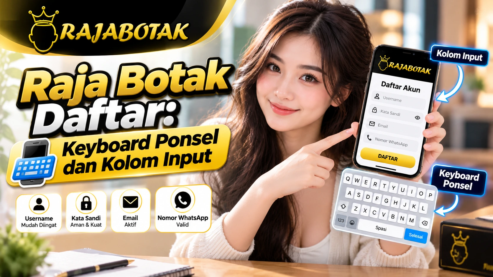 Ilustrasi keyboard ponsel dan kolom formulir pada panduan Raja Botak Daftar