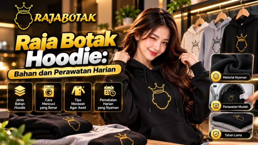 Banner merchandise Raja Botak Hoodie tentang bahan dan perawatan harian