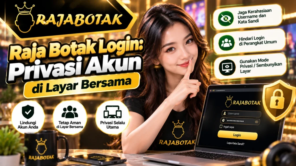 Banner panduan Raja Botak Login tentang privasi akun saat berbagi layar