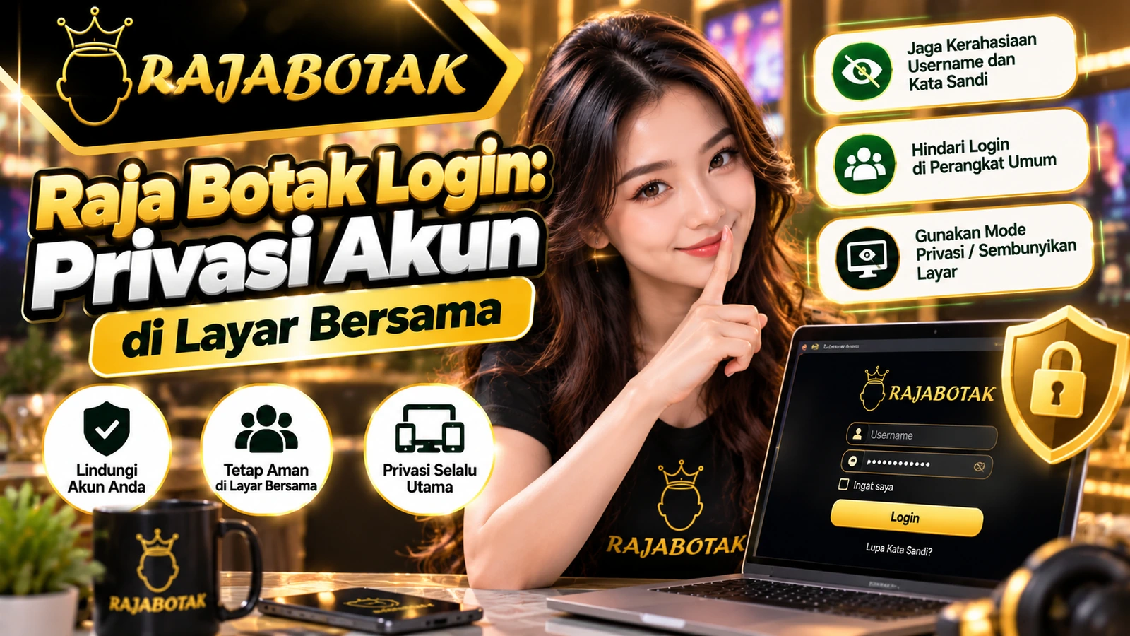 Banner panduan Raja Botak Login tentang privasi akun saat berbagi layar