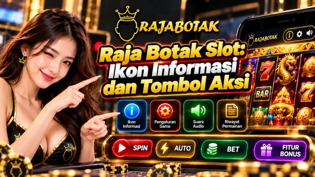 Banner ilustrasi Raja Botak Slot tentang ikon informasi dan tombol aksi